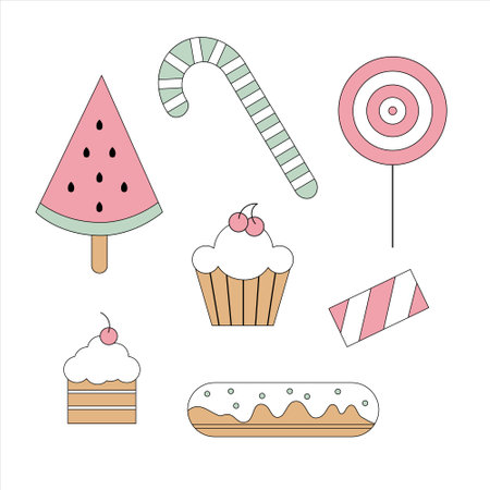 A set of sweet icons - lollipops, cakes and watermelon.のイラスト素材