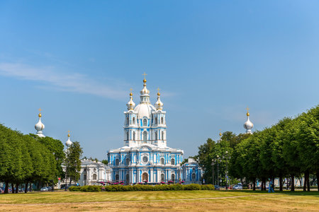 Russia, St. Petersburg, May 2023: Smolny Cathedral in St. Petersburg in summer.のeditorial素材