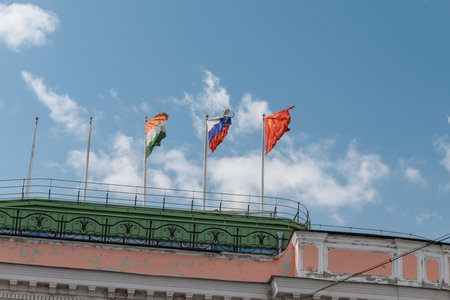 Russia, St. Petersburg, October 2023: flags of India, Russia and China on the roof of the buildingのeditorial素材
