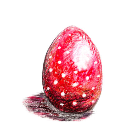 Red speckled Easter egg drawn by hand with oil pastelsの写真素材