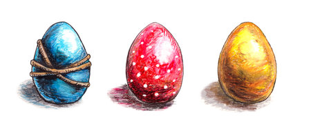Set of three Easter eggs, hand-drawn with pastel crayons.の写真素材