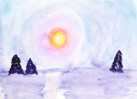 Landscape with sunset painted in watercolor - real watercolor paintingの写真素材