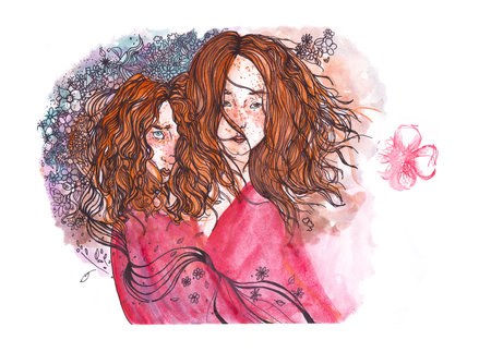 Illustration of two red-haired girls by hand in watercolorの写真素材