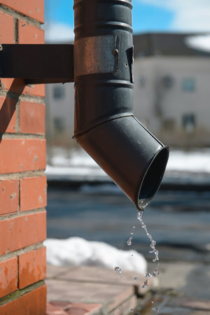 Water flows from a drainpipe on the wall of a house