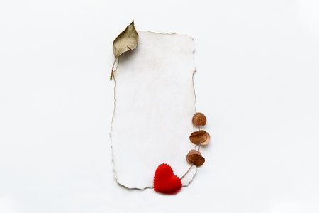 White blank postcard with leaves and heart on white background. Concept of gifts and congratulations.の写真素材