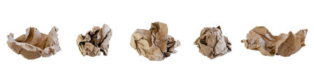 Set of crumpled kraft paper on white isolated backgroundの写真素材