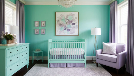 Baby nursery in pastel colors of lilac and mint. Generated by AI.の素材