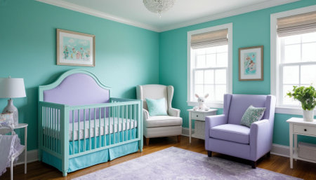Baby nursery in pastel colors of lilac and mint. Generated by AI.の素材