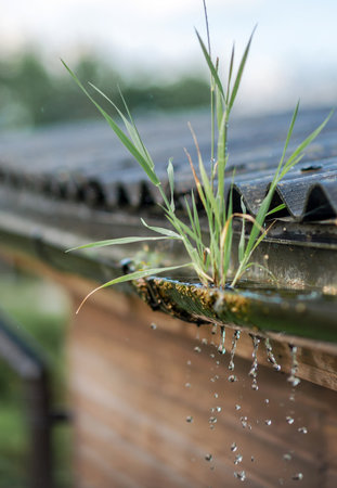rain dripping from the roof on a sunny hot day