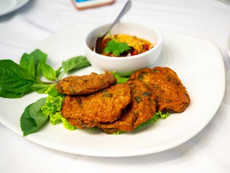 Food Thai Fish Cake in restaurant, Food, Healthy Dinner of young friends
