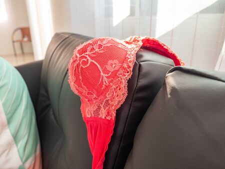 Underwear, Color red, Place on sofa blackの写真素材