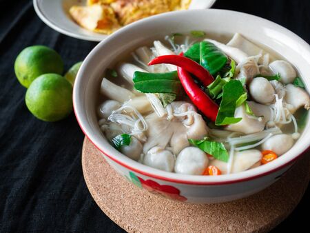 Food Thai name is Mushroom Tom Yum,Ingredients mushroom chilli lemon lemon grass Kaffir lime leaves...