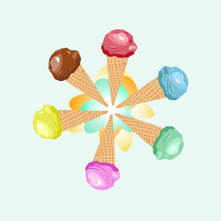 Vector image Many color ice cream Red,Blue,Yellow,Green,Chocolate color,pink,With a cone at the bottom,Black ground illustrationのイラスト素材