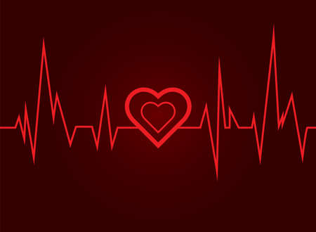 A red ECG line shows up and down with a red heart in the center of the image. placed on a red backgroundのイラスト素材