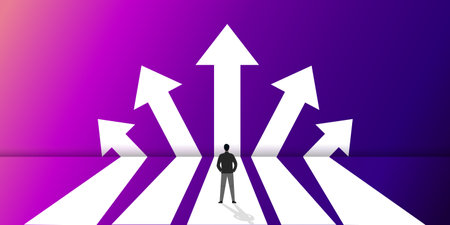 Businessman standing, having to decide which way to go An arrow pointing out five possible business scenarios for successful future business strategy goals. Vector illustration onのイラスト素材
