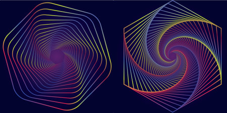 Abstract picture of geometric shapes that spin in a spiral circle from small to large. on a purple backgroundのイラスト素材