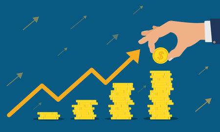 Businessman's hands are stacking gold coins. Sort ascending On the back, there is an arrow pointing up, showing the growth of business leadership and money.のイラスト素材