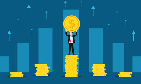 Businessman in a suit stood on top of the gold coins arranged in descending order, holding up the gold coins. Behind the graph with an arrow rising like a growing businessman.のイラスト素材