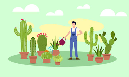 Farmer use watering cans to water various types of green cactus in pots. The cactus has thorns that surround itself as a less hydrophobic area. Farmers can now cultivate and sell.のイラスト素材