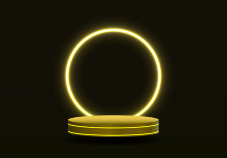 3d background products realistic yellow sphere The backdrop is a circular shape of yellow neon lights that illuminate the entire room. to increase the prominence of the productのイラスト素材