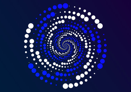 abstract circle, using dots arranged in circles of various sizes, repetitively rotated, mainly used in blue and white.のイラスト素材