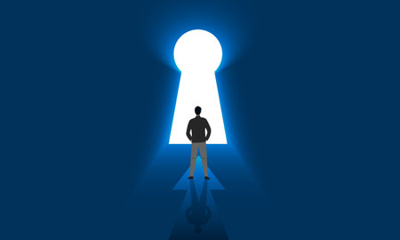 Businessman standing in front of the white door to success Shows the success of the business that lies ahead just by doing it.のイラスト素材