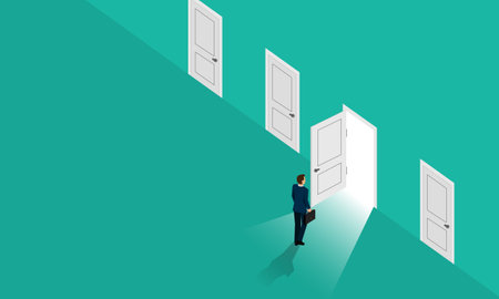 Businessman stands at the door of many opportunities to make choices. The idea of having to decide the path of a company to growのイラスト素材