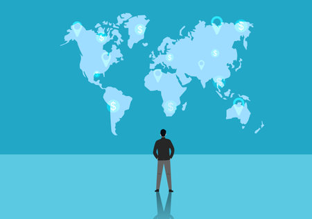 Business people planning business stand in front of the world map with the goal of expanding the business around the world and growingのイラスト素材