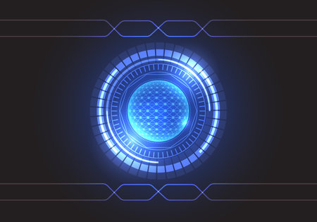 Circle of technology with the center being the processor and sending information outside. Technology helps businesses reach their goals and grow revenues quickly. dark blue backgroのイラスト素材