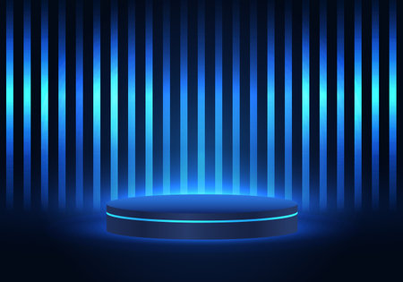 Technological product placement podium in blue tones And the light lines of neon lights increase the interest in the product. The background has a gradient of lightのイラスト素材
