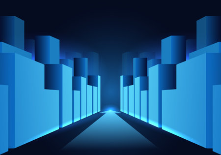 City with an arrow pointing to the front means The growth of large smart cities that use technology to help in various matters, increasing convenience, and making business within the city grow more.のイラスト素材