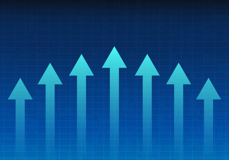 Blue arrow pointing upward and The back is a grid on a dark blue background. represents the growth of the business in order to reach the set goalsのイラスト素材