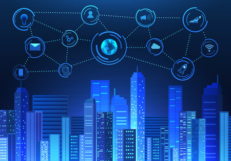 Large smart city using internet technology. The artificial intelligence system that helps in various matters increases convenience and makes business in the city grow more.のイラスト素材
