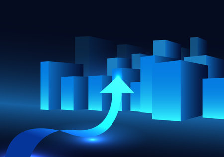 City with the arrow pointing up means The growth of large smart cities that use technology to help in various matters, increasing convenience, and making business within the city grow more.のイラスト素材