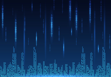 Smart city that brings technology to make it convenient for people and also creates business growth in the city. , is a pixel city vector and the code of the data transmission.のイラスト素材