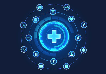 Medical technology circle There is a doctor's symbol in the center and a circle with payment innovations around it. Modern medicine provides patients with faster access to treatment behind the grid.のイラスト素材