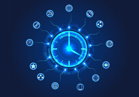 Watch is surrounded by a circle of technology and has smart technology to help. Like the concept of time allocation within the organization to work on goals when customers want.のイラスト素材