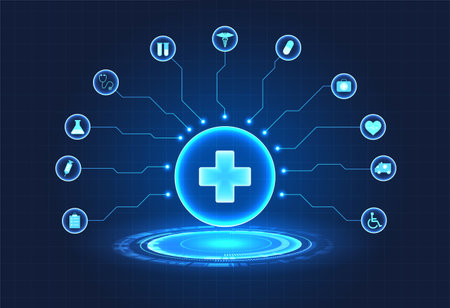 Medical technology circle There is a doctor's symbol in the middle and a circle with a link to modern payment innovations, allowing patients to access treatment more quickly, behind a grid line.のイラスト素材