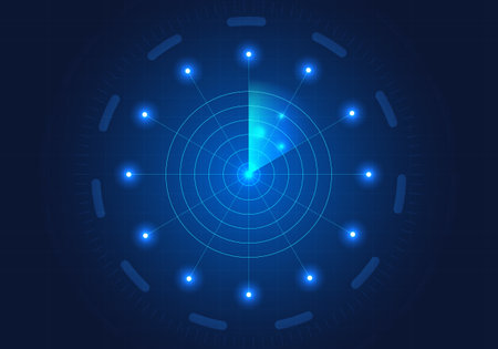Background Radar has a circle in the center around which there is a glow. Radar is a technology used to monitor what is coming. It can be used in the military, in airports, or to detectのイラスト素材