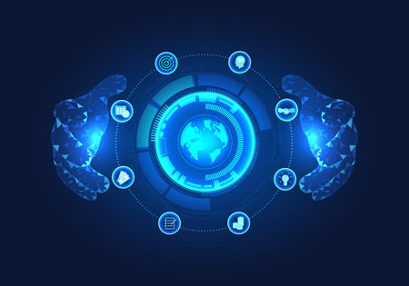 Background technology two hands of a businessman Featured with different business icons, it means that the business owner is the one who controls and plans to expand the business to grow the business.のイラスト素材