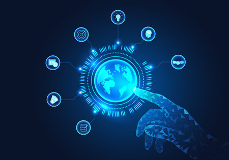 Businessman finger pointing at the globe with icon It means that business people work through smart technology systems. I wish the business to progress quickly. can lead the businessのイラスト素材