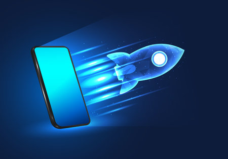 Rocket launches from a mobile phone mean The technology of smartphones comes to help manage business management or conduct transactions Handling information for sending information to customersのイラスト素材