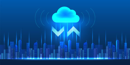 Smart technology for data storage and data transmission is a popular future system used in digital cities. by working through the cloud system It is a network that sends data all over the world.のイラスト素材