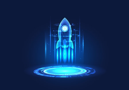 Rocket is above the technology circle. It means using smart technology to help the company's business grow and expand rapidly. Both in the online world the Internet generates income for businessのイラスト素材