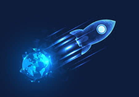 Rocket flew off the earth. It means doing business through smart technology that works through the Internet. It helps the company to grow rapidly. popular with business peopleのイラスト素材