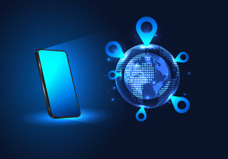 Smartphone technology can open a map of the world through a mobile phone. Find an address anywhere through the satellite system on the network Internet and share the current location.のイラスト素材