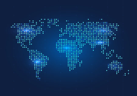 abstract background World Map It is a small circle arranged on a map. to show the extent of the area The back is a dark blue background.のイラスト素材