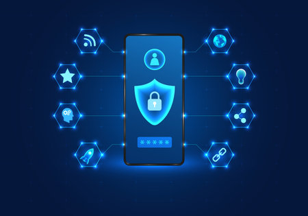 Smartphone technology with a shield on the front Mobile phones have privacy protection technology or data destruction attacks. It is a deterrent from losing or corrupting data.のイラスト素材