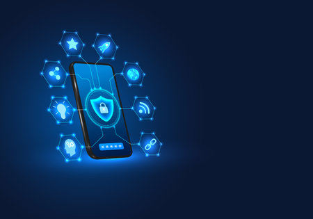 Smartphone technology with a shield on the front Mobile phones have privacy protection technology or data destruction attacks. It is a deterrent from losing or corrupting data.のイラスト素材