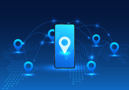Smartphone technology that can access maps It is a technology that identifies the location of the destination that is traveling. or sending goods to different places of those who receive our servicesのイラスト素材